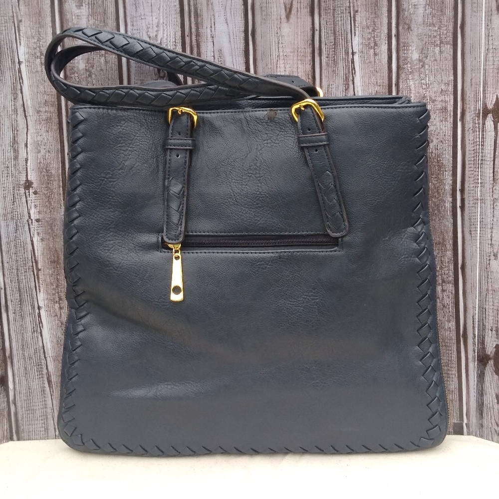 Leather Messenger Tote Bag Expandable Convertible Bag Navy Blue - Picture 2 of 16
